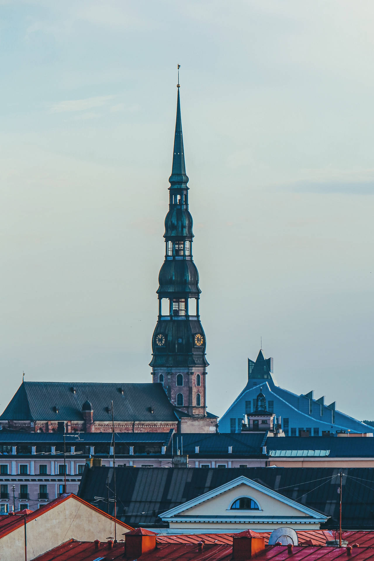 Close-up View Of Riga's St. Peter Church Tower Background