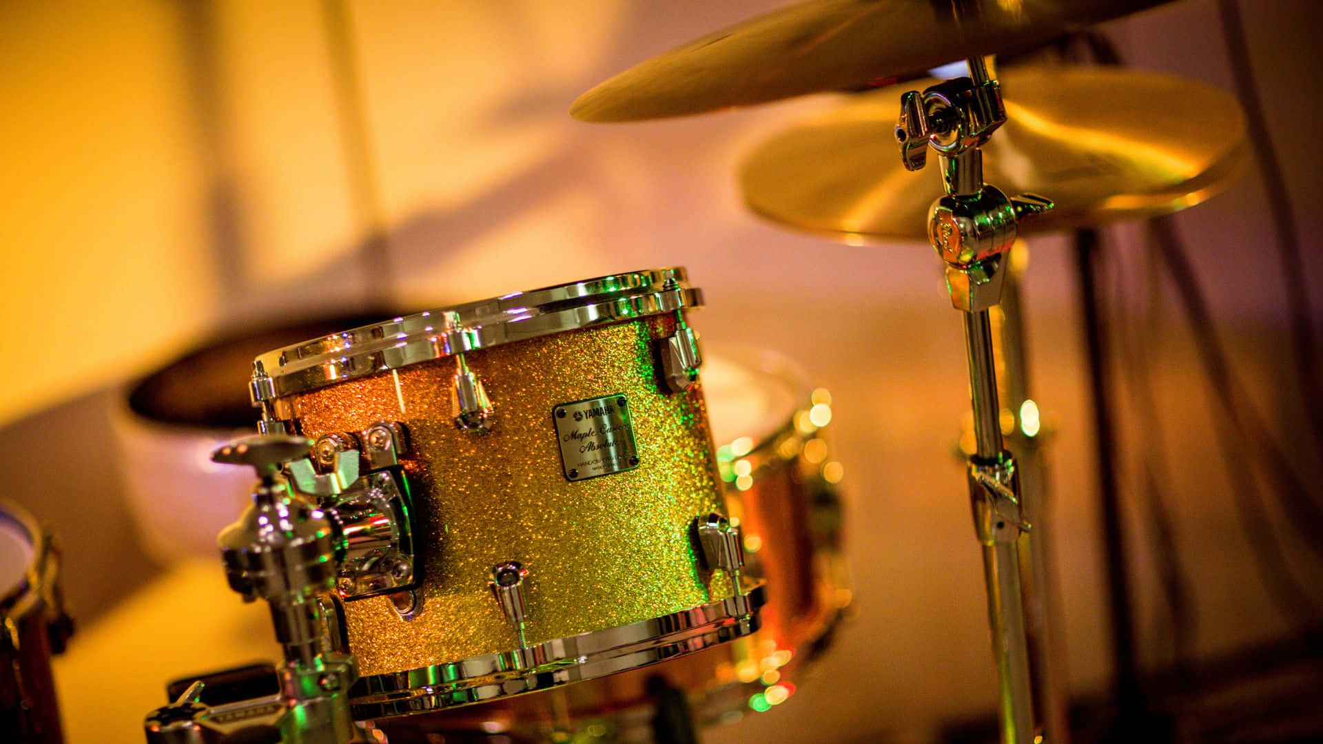 Closeup Glittering Snare Drumand Cymbal Background