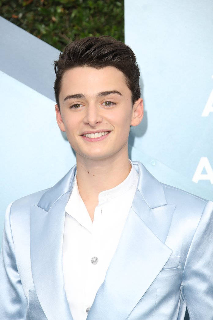 Closeup Noah Schnapp Wearing Dusty Blue Suit