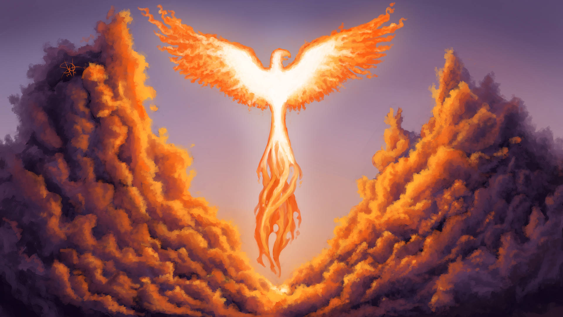 Clouds And Fire Wings Background