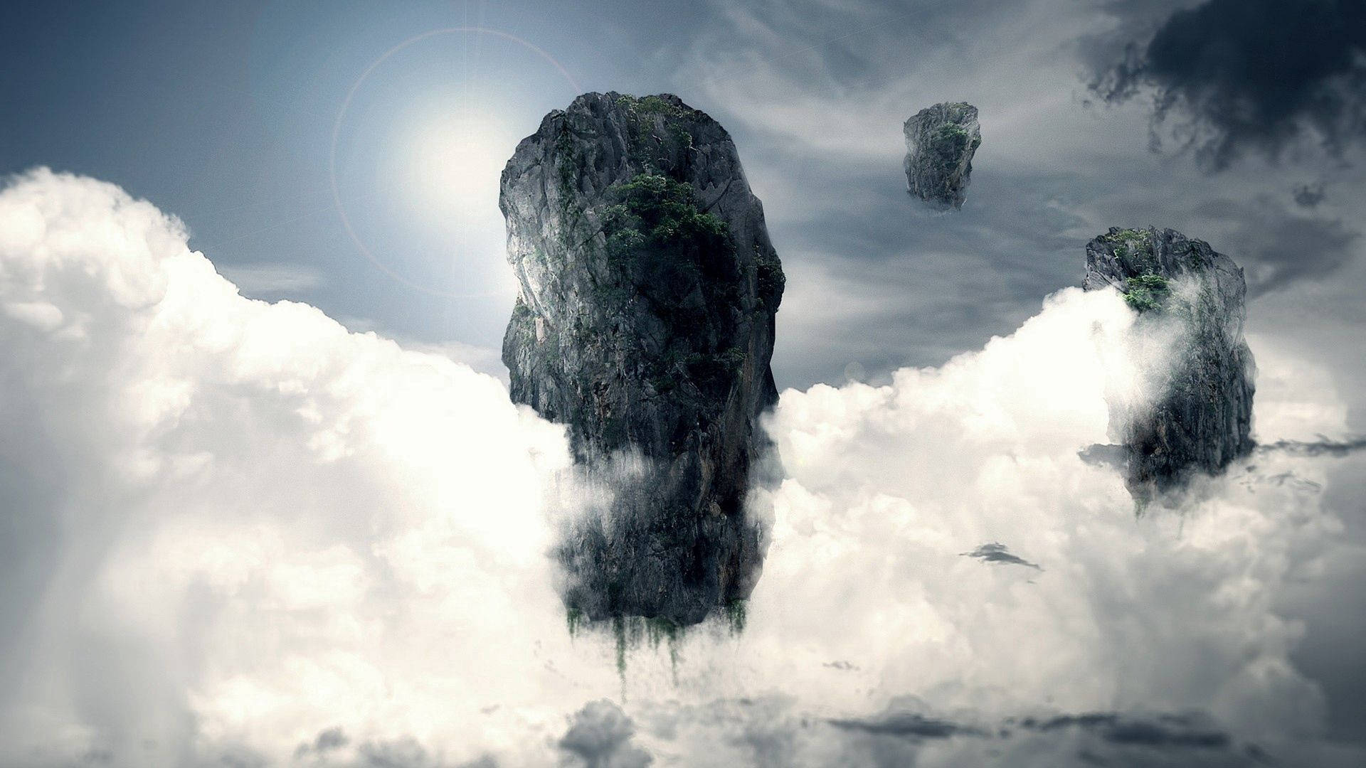 Clouds Around Floating Rock Islands Background
