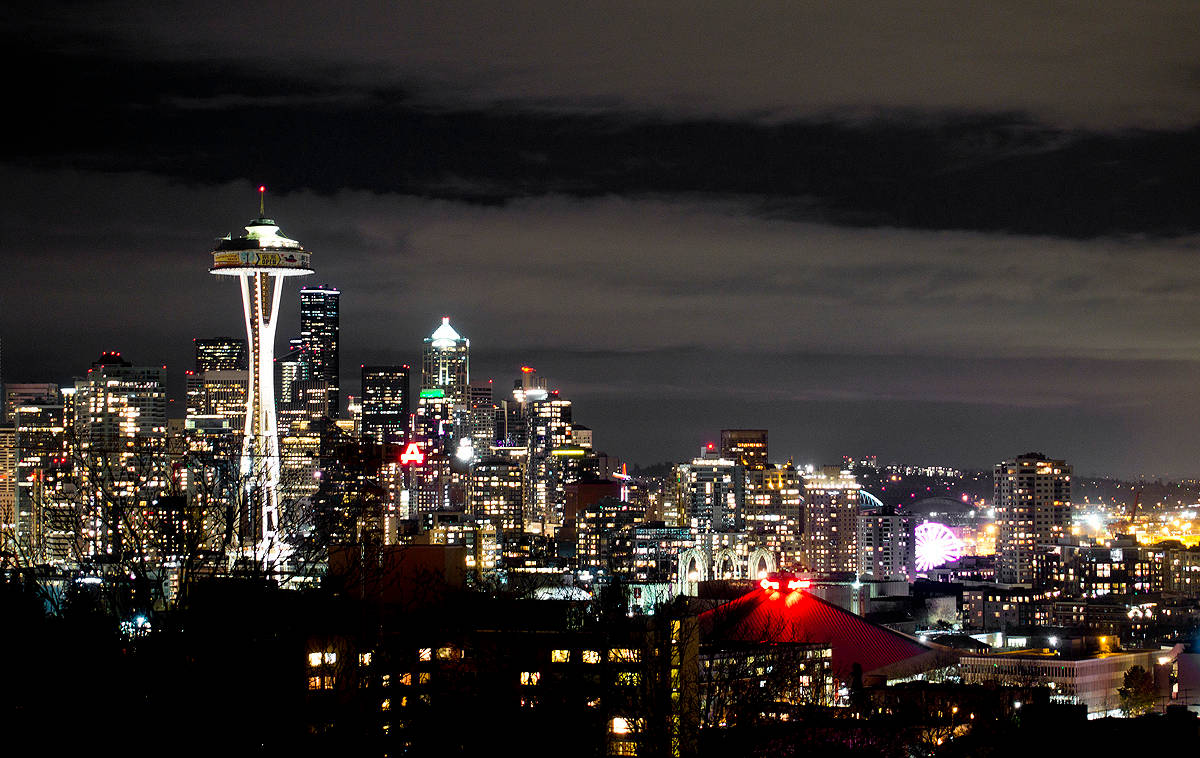 Cloudy Dark Space Needle Seattle Skyline Washington