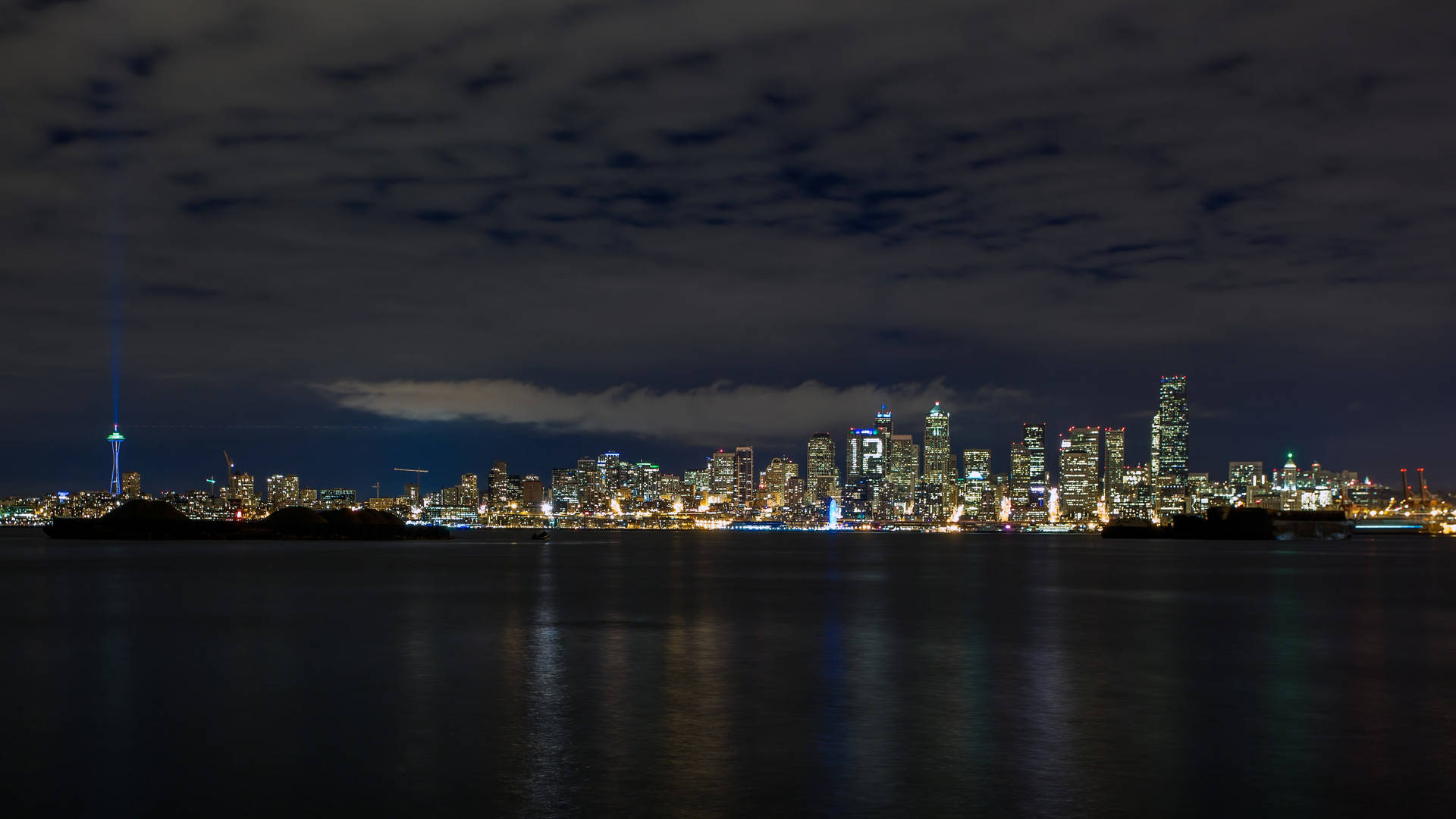 Cloudy Night Sky Seattle Skyline Background