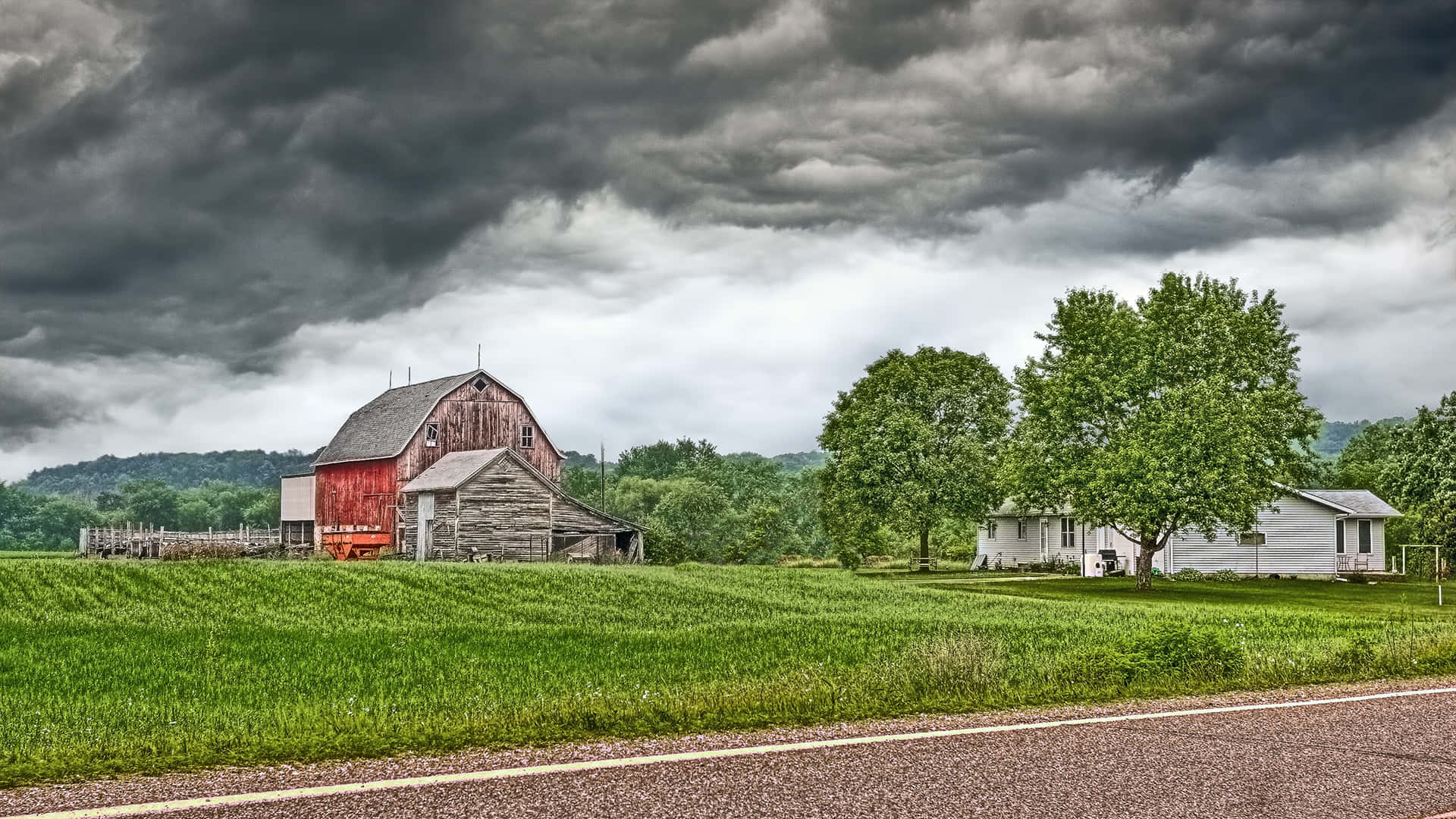 Cloudy Skies With Farmhouse Desktop Background