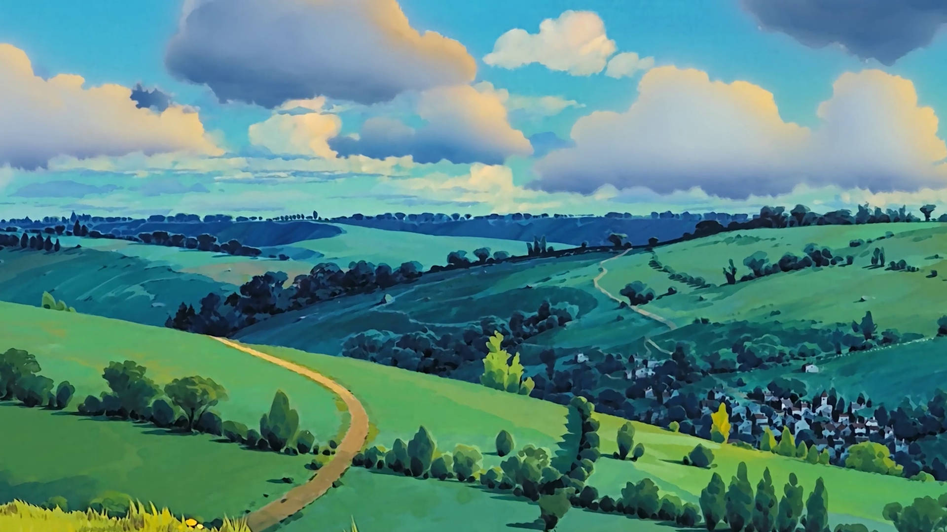 Cloudy Studio Ghibli Scenery Over Fields Background