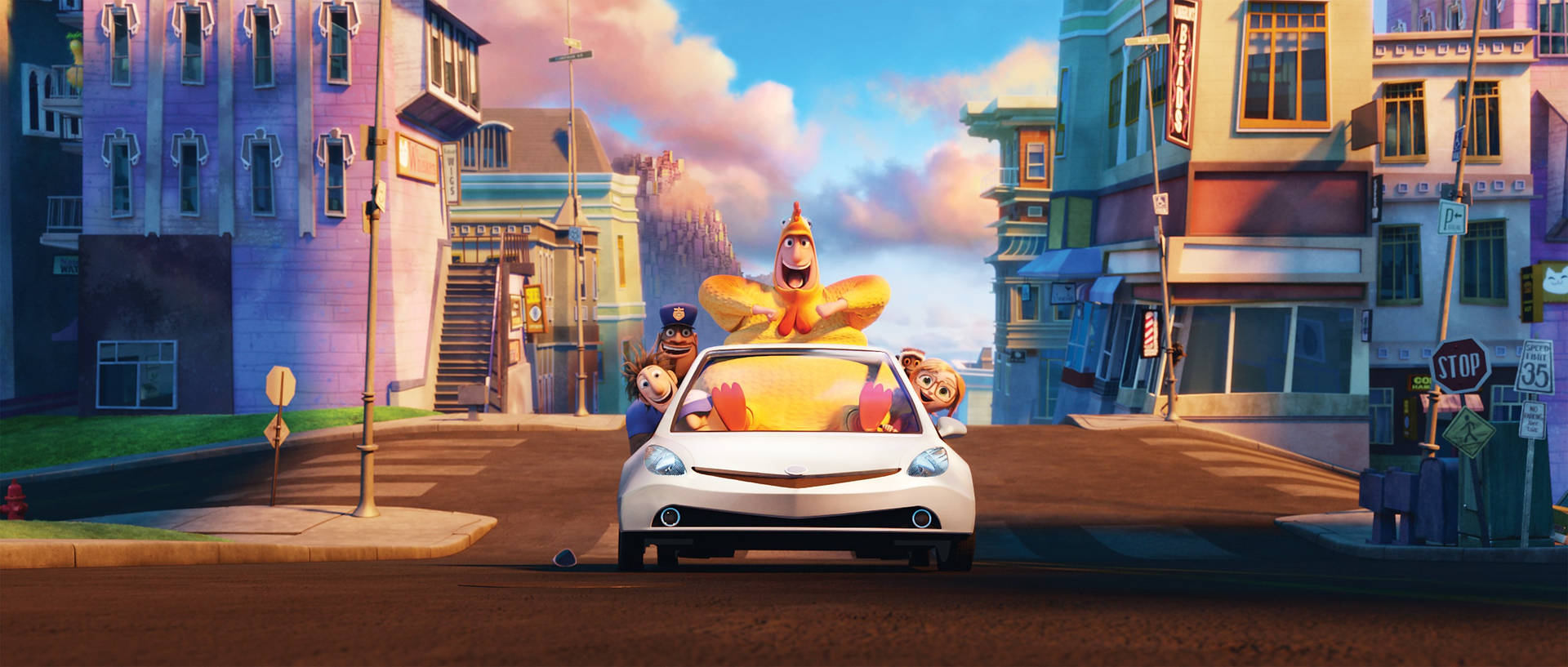 Cloudy With A Chance Of Meatballs 2 Characters Riding A Car Background