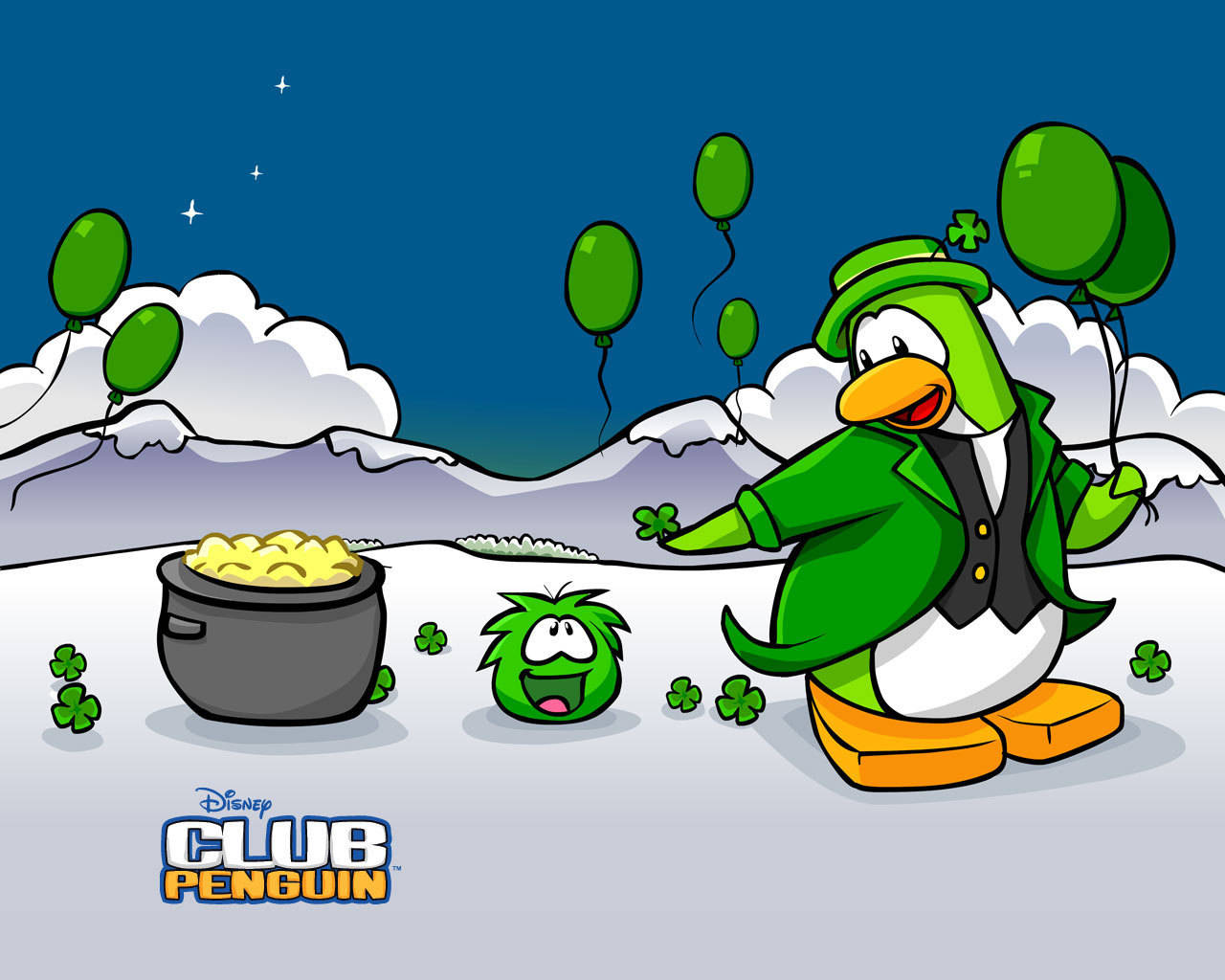 Club Penguin Poster With Green Balloons Background