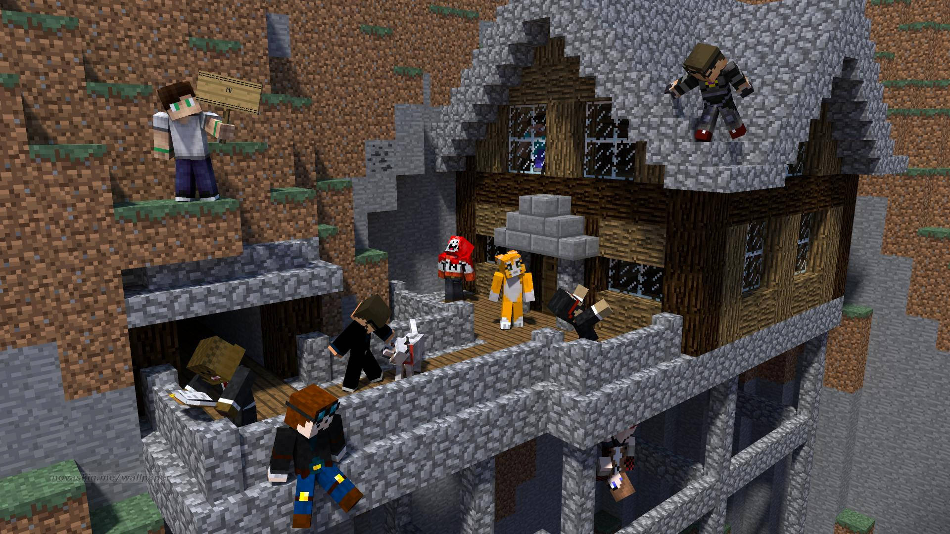 Cobble Stone House And People Minecraft Hd Background