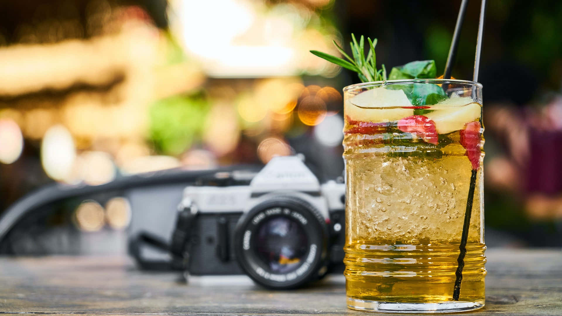 Cocktail Drinks With Camera On Table Background