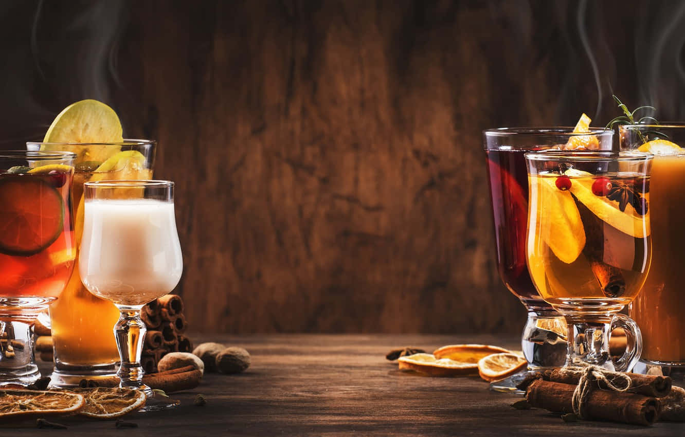 Cocktail Drinks With Smoke On Wooden Background