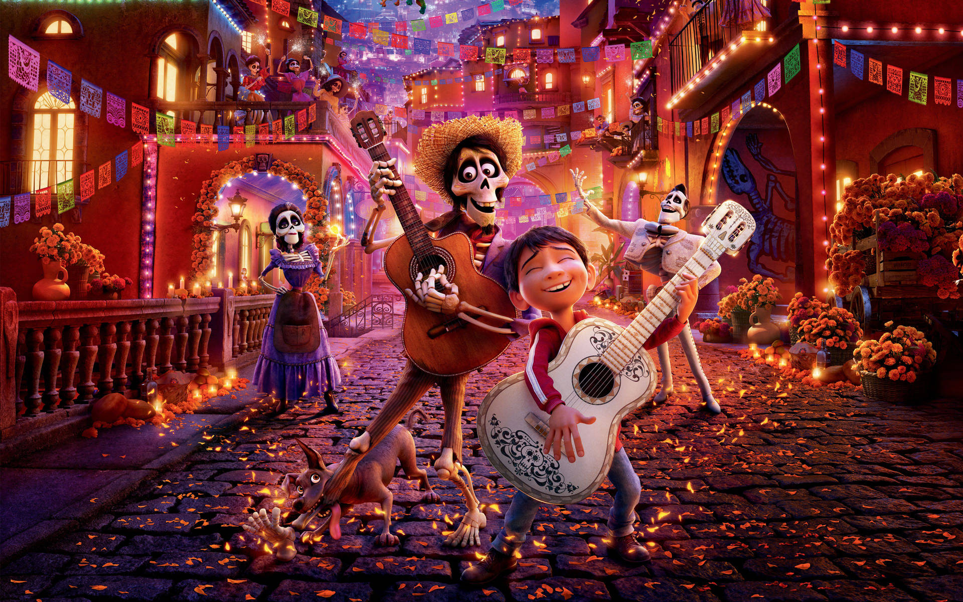 Coco Characters At Colorful Night Street Background
