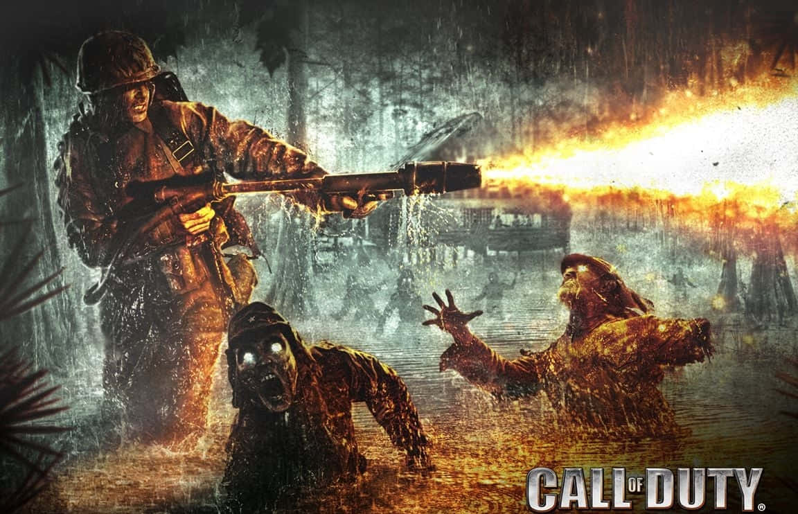 Cod Zombies Soldier With Fire Gun Background