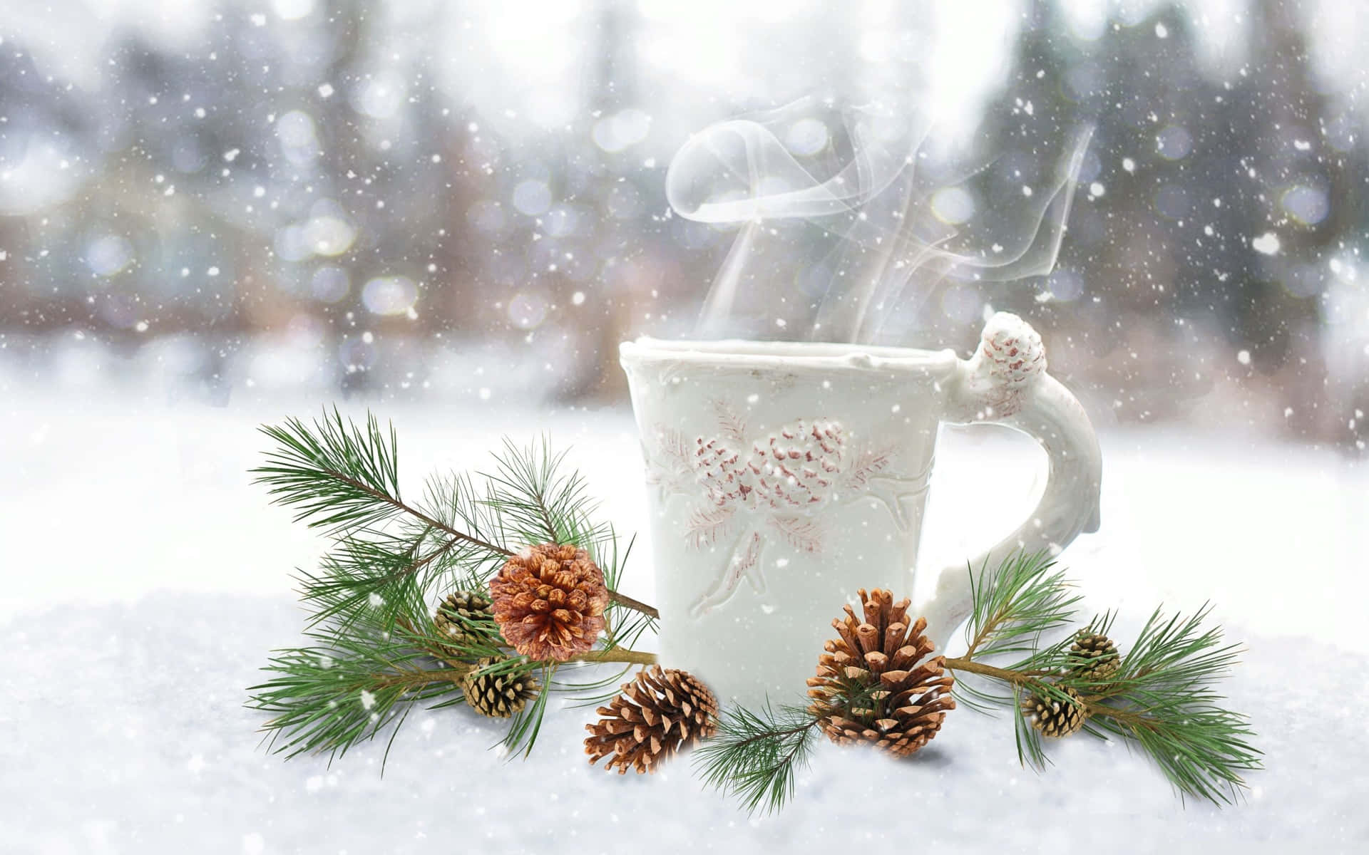 Coffee, Pine Cones Cozy Winter Aesthetic Focus Photography Background