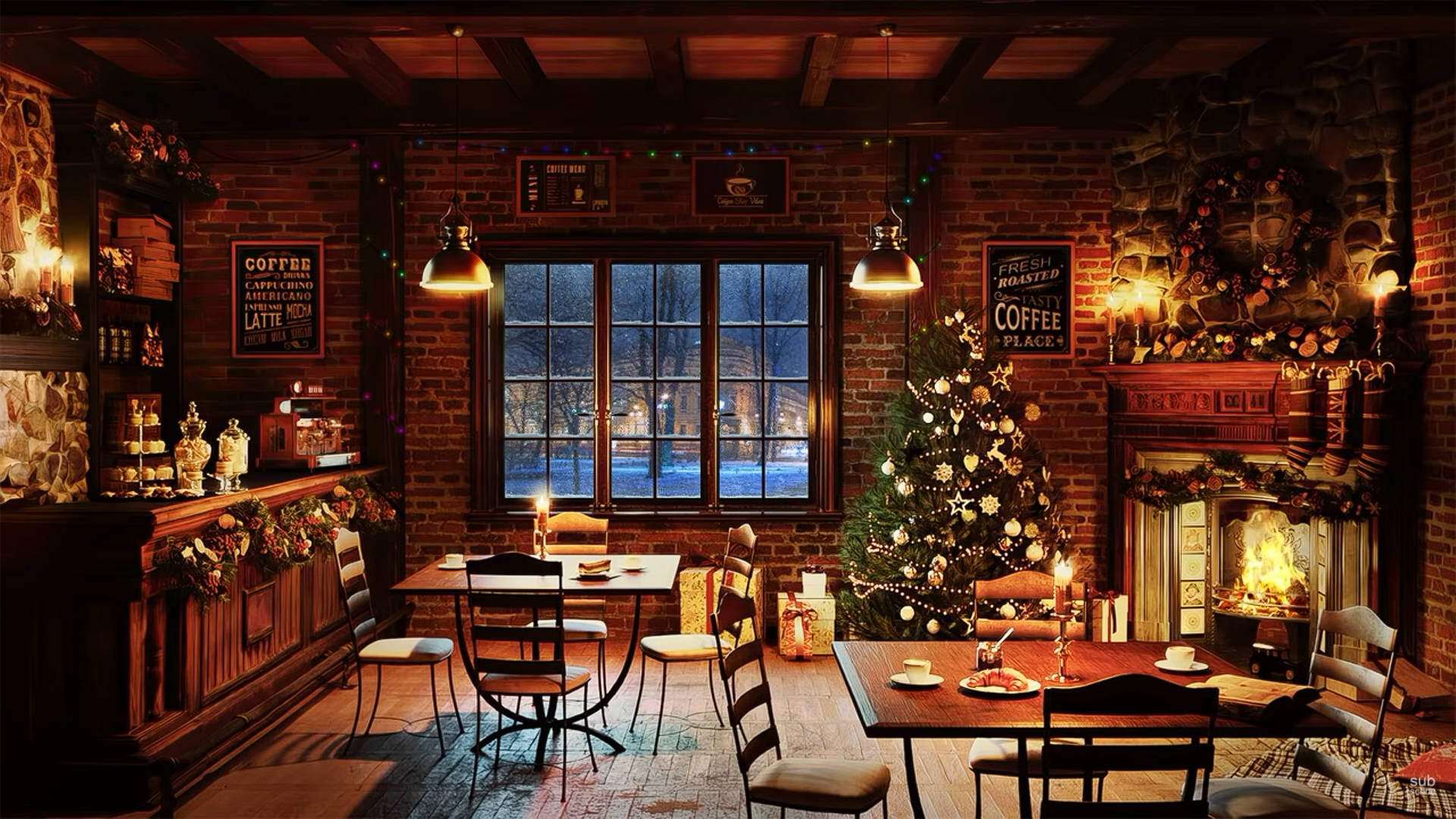 Coffee Shop During Christmas Background