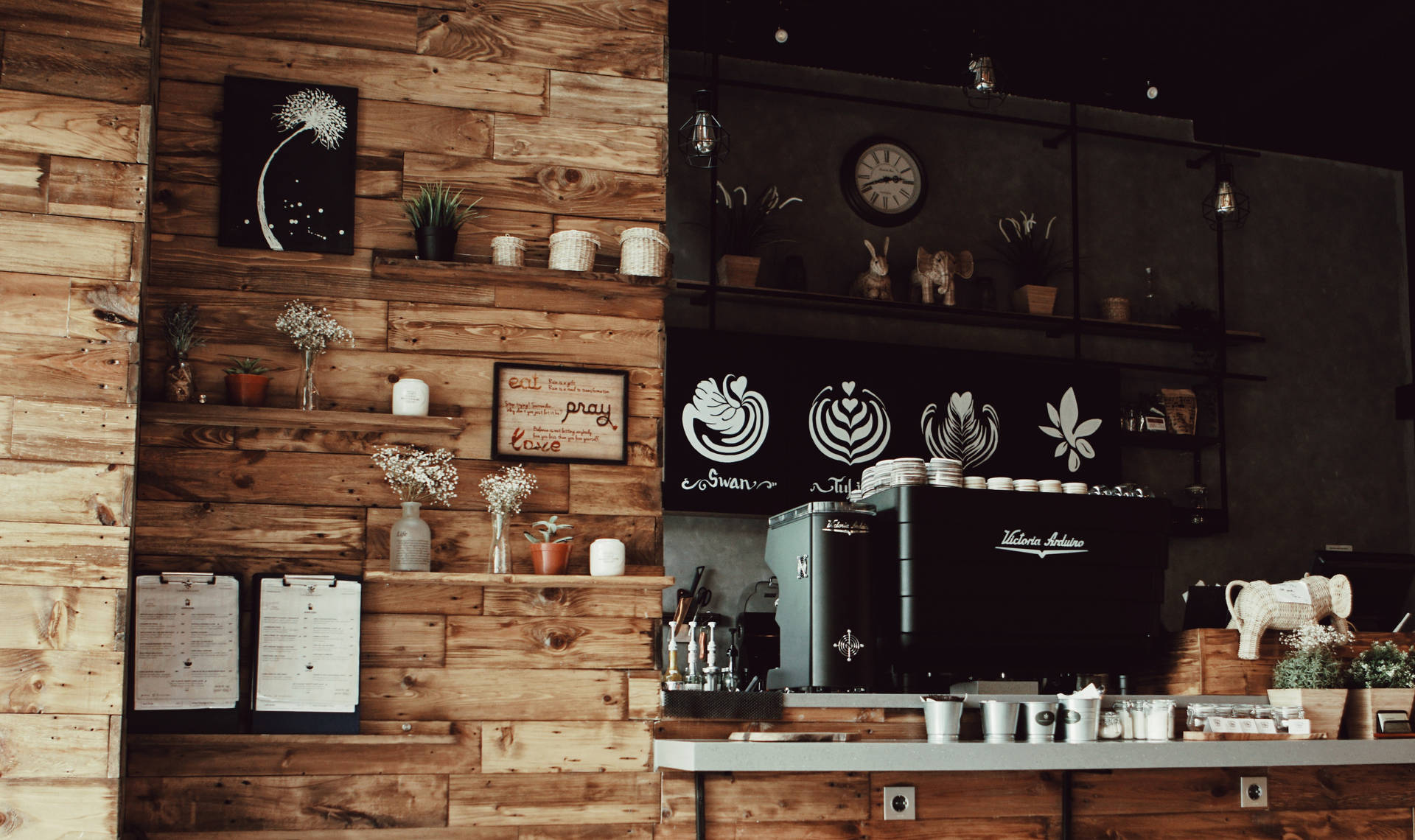 Coffee Shop With Black Shelves Background