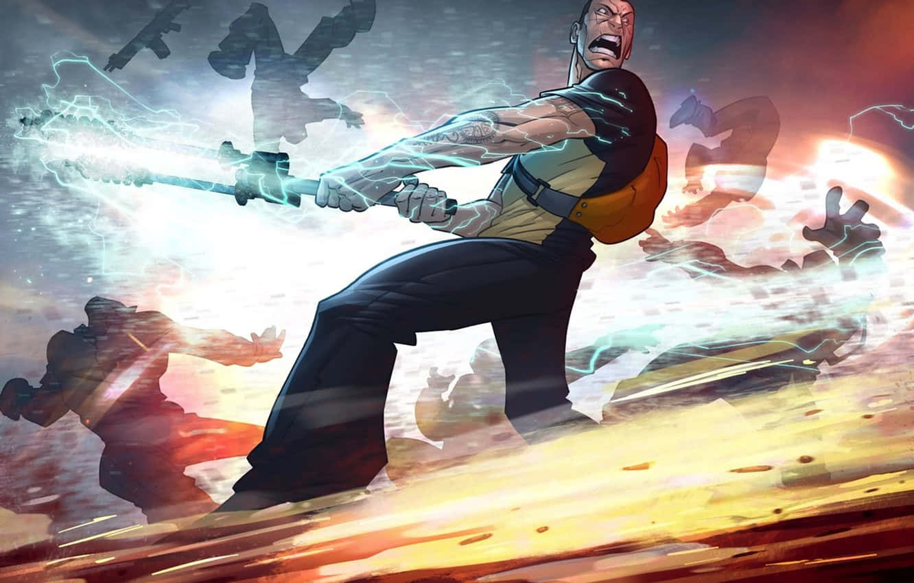 Cole Macgrath In Infamous With Glowing Sword In Battle Background