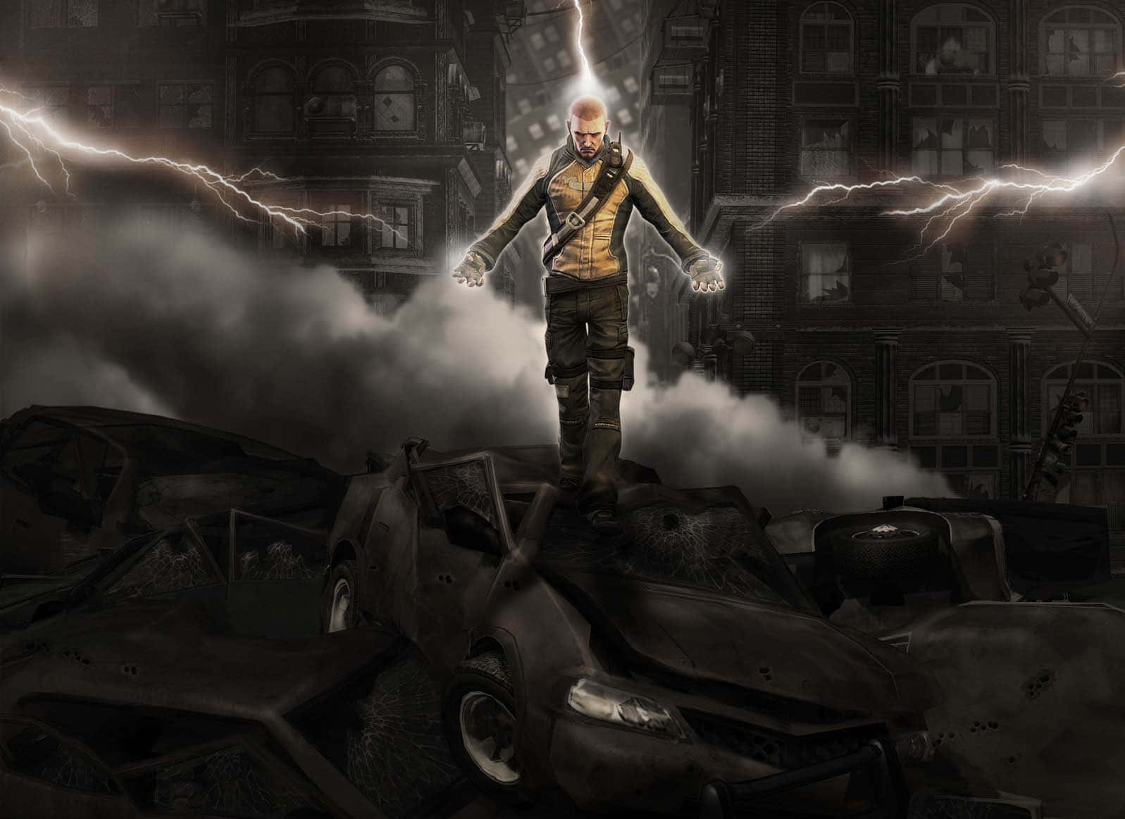 Cole Macgrath Standing At A Car In Infamous Background