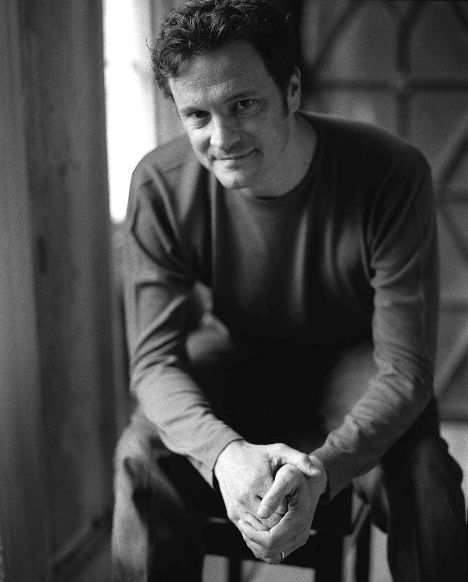 Colin Firth Black And White Portrait By Jamie Kingham Background