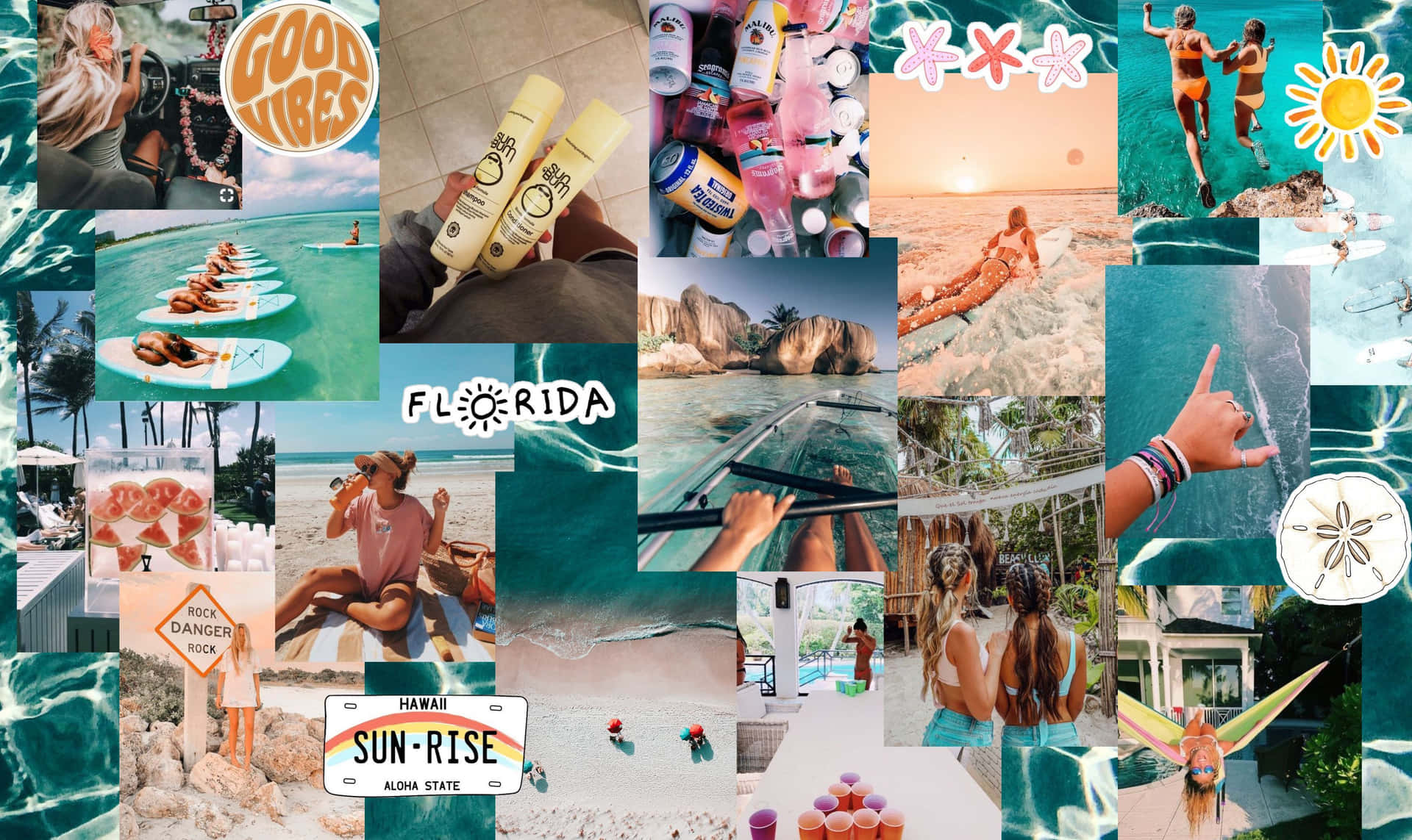 Collage Of Photos Of People On The Beach Background
