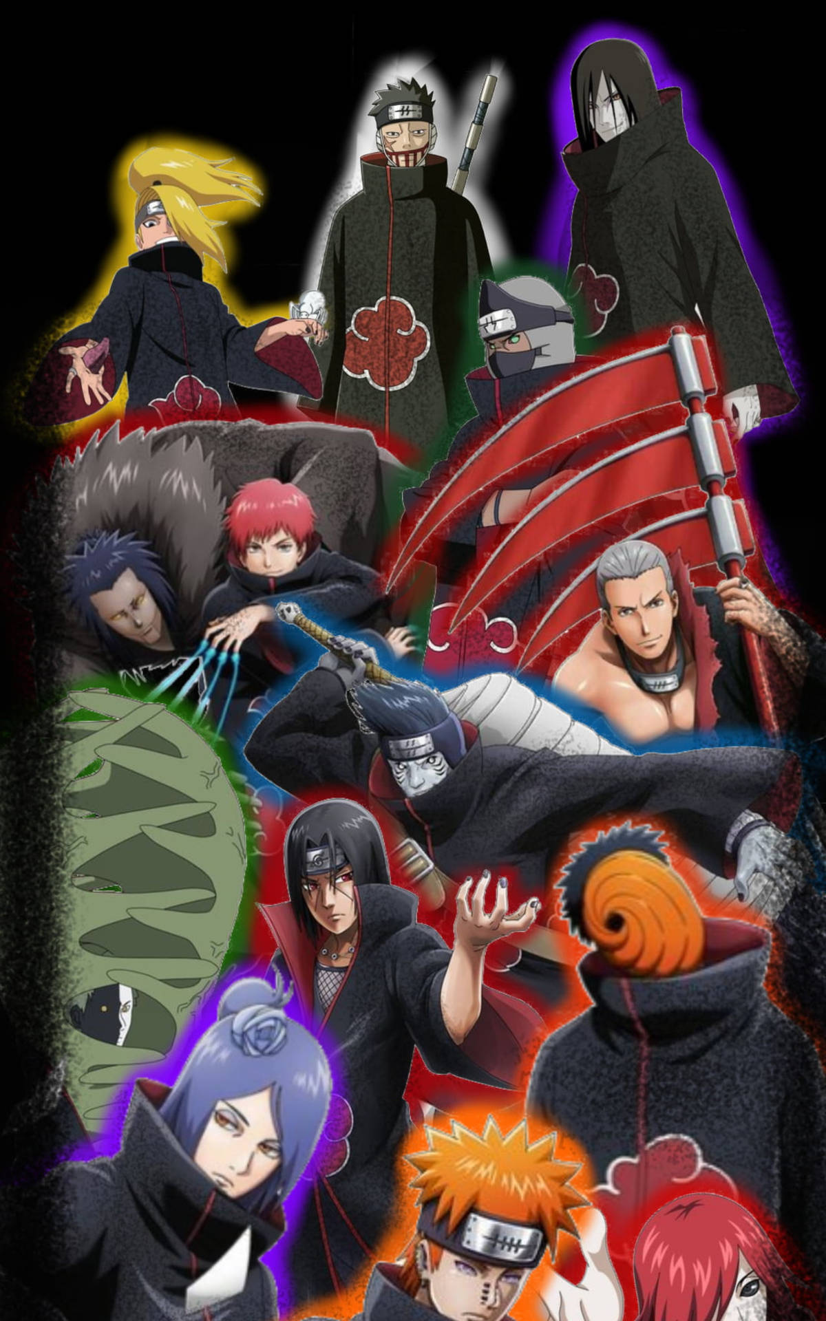 Colored Akatsuki Ninjas Phone Screen Background