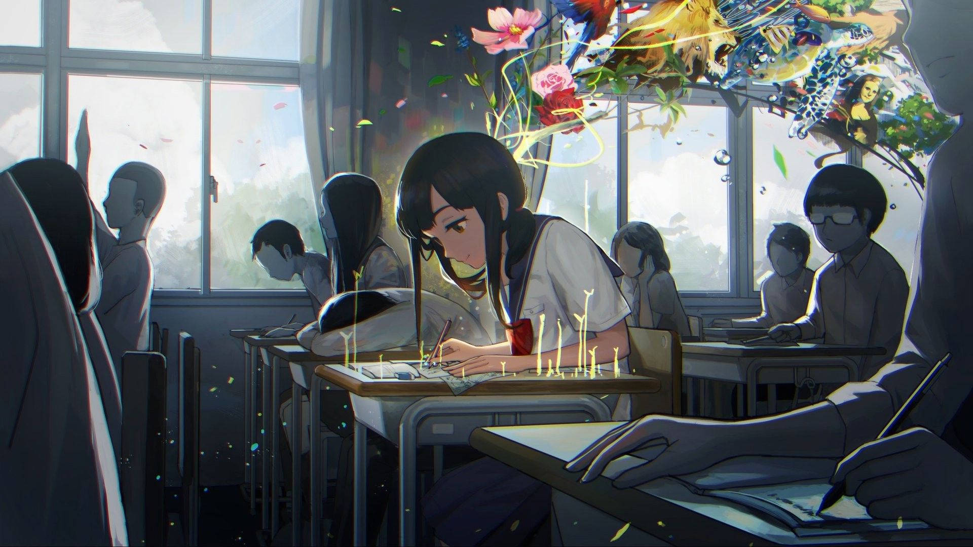 Colorful Anime Girl In Anime Classroom