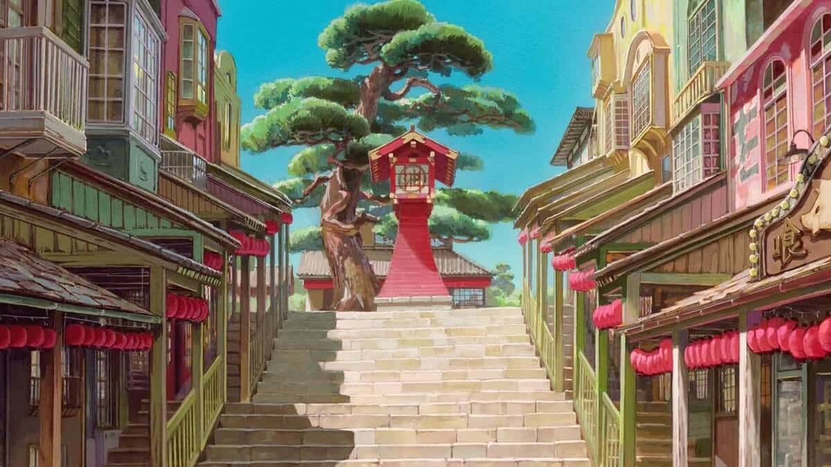 Colorful Anime Town Staircase Background