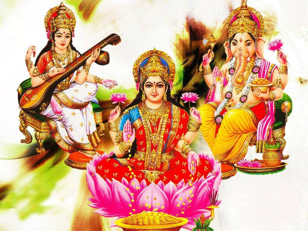 Colorful Artistic Representation Of Laxmi, Ganesh, And Saraswati Background