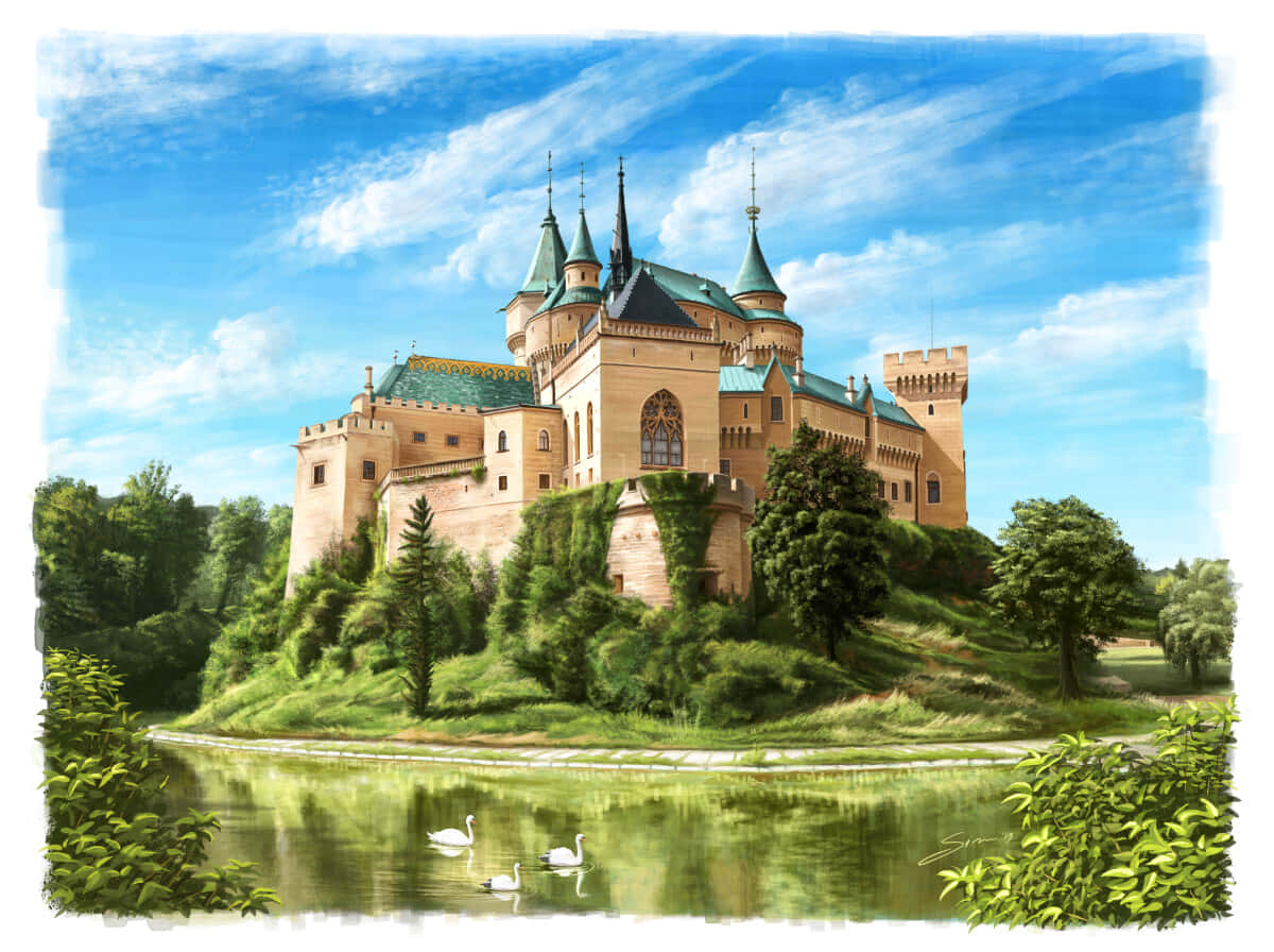 Colorful Bojnice Castle With White Border Background