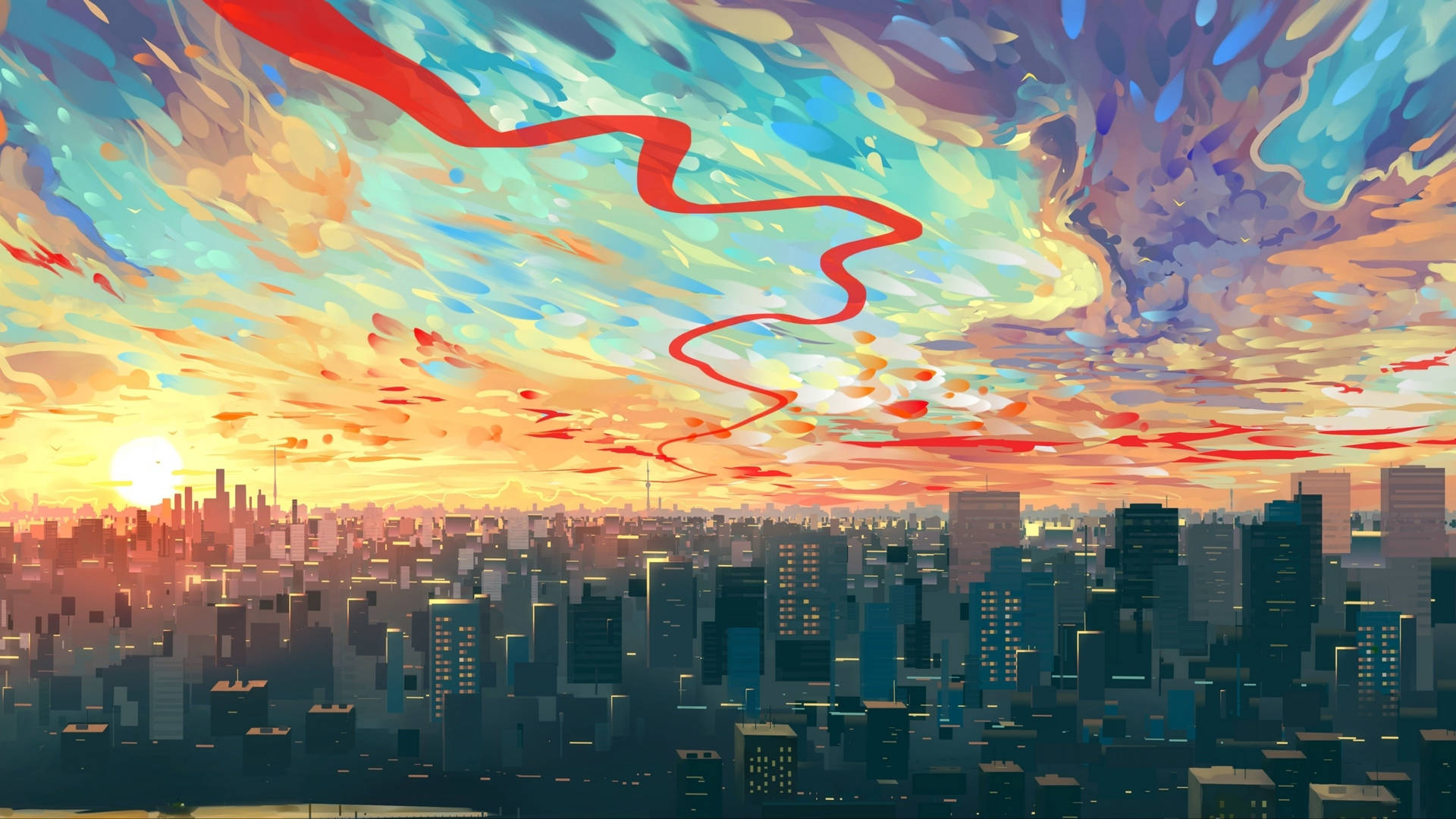 Colorful City Sky Art Drawing