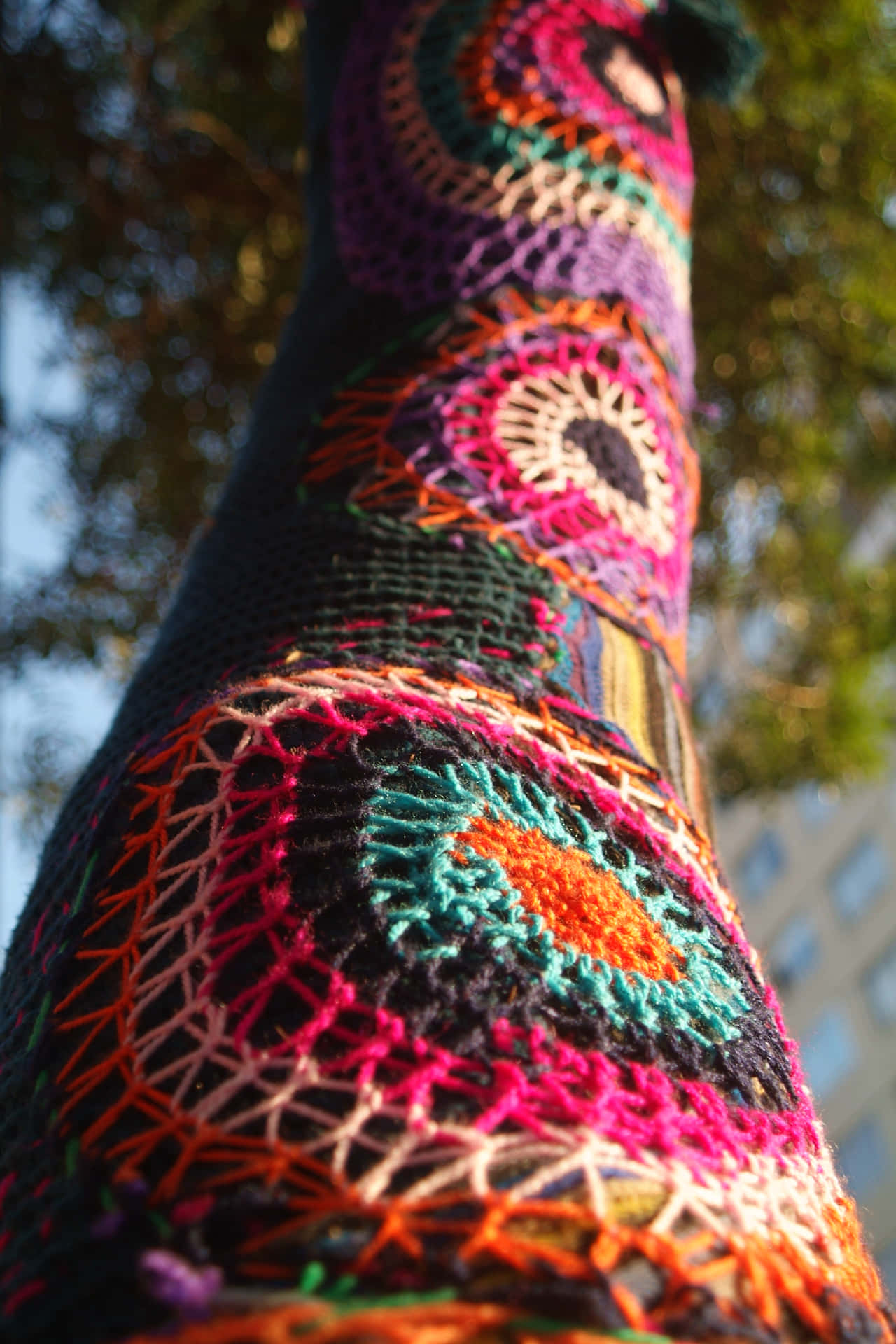 Colorful Crocheted Tree Trunk Using Knitting Yarns