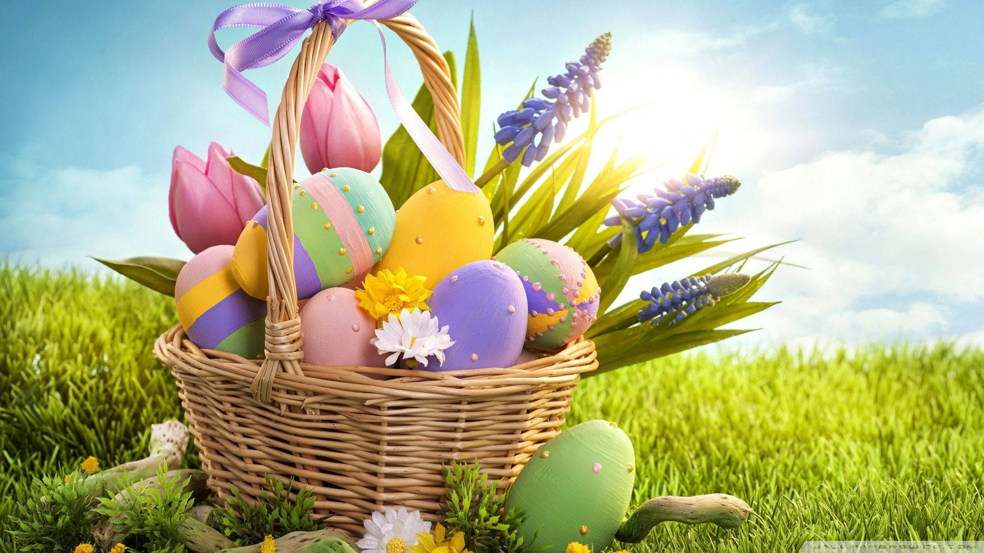 Colorful Easter Eggs On Basket Background