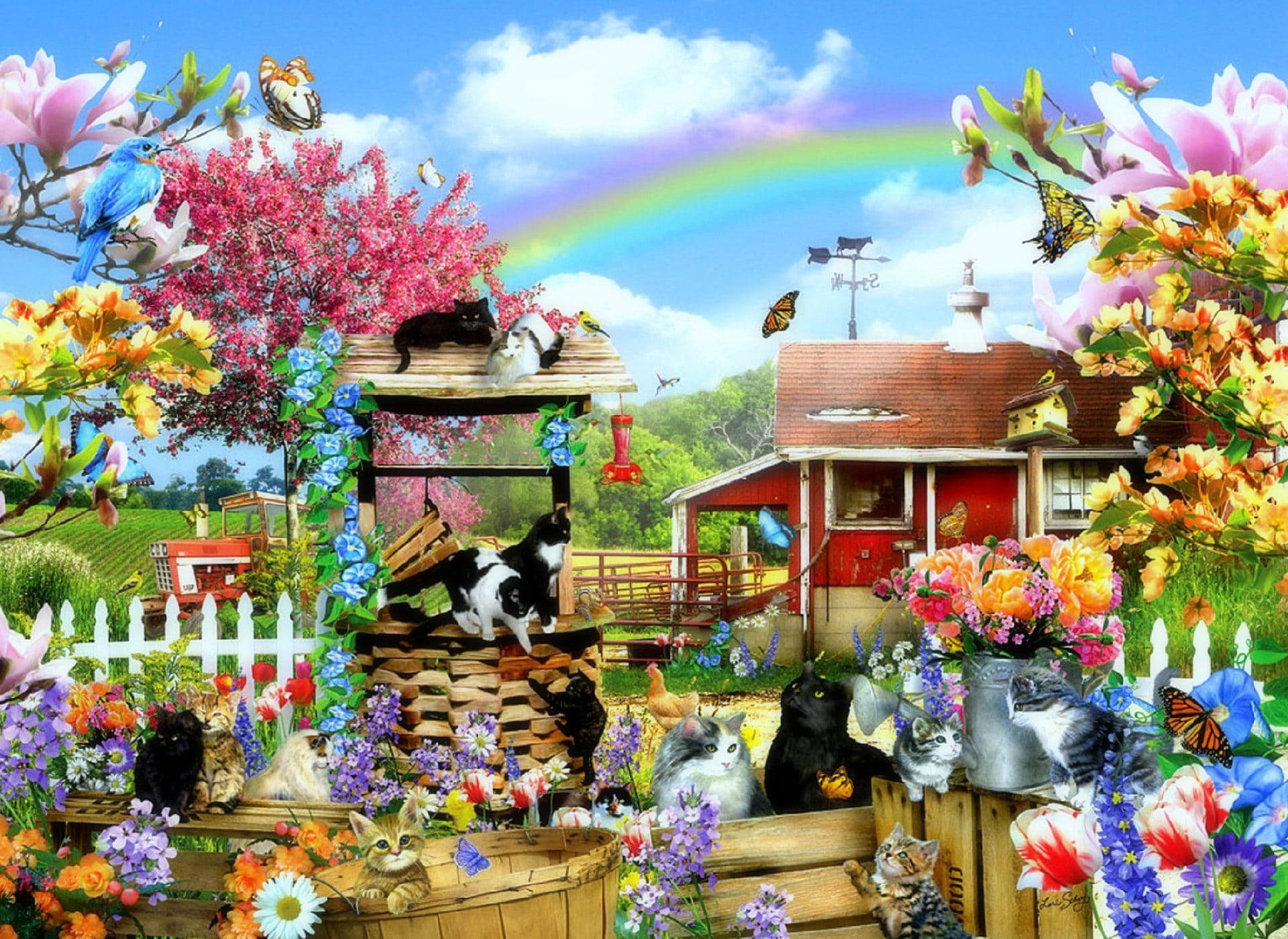 Colorful Farmhouse With Cat Animals Background