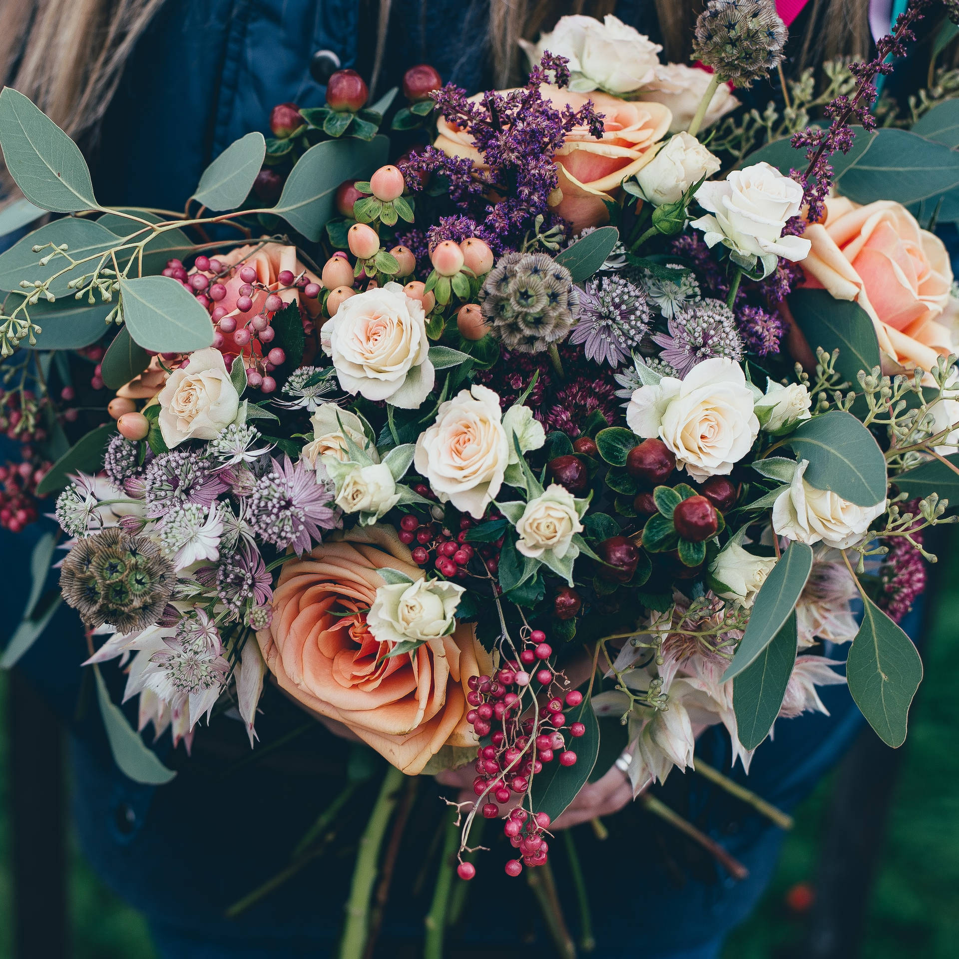 Colorful Flower Bouquet With Roses Cacti And Berries Background