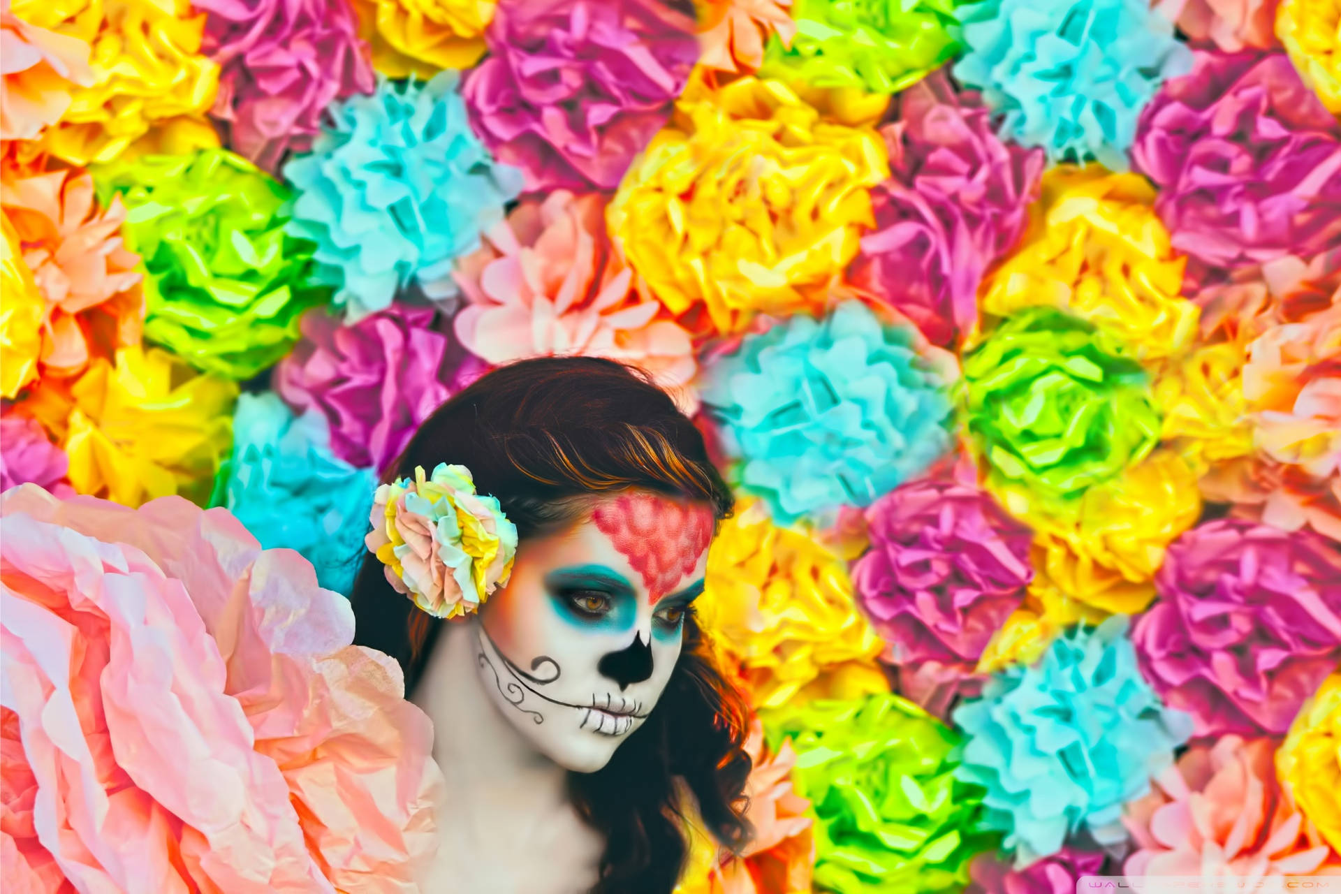 Colorful Flowers Sugar Skull Woman Background