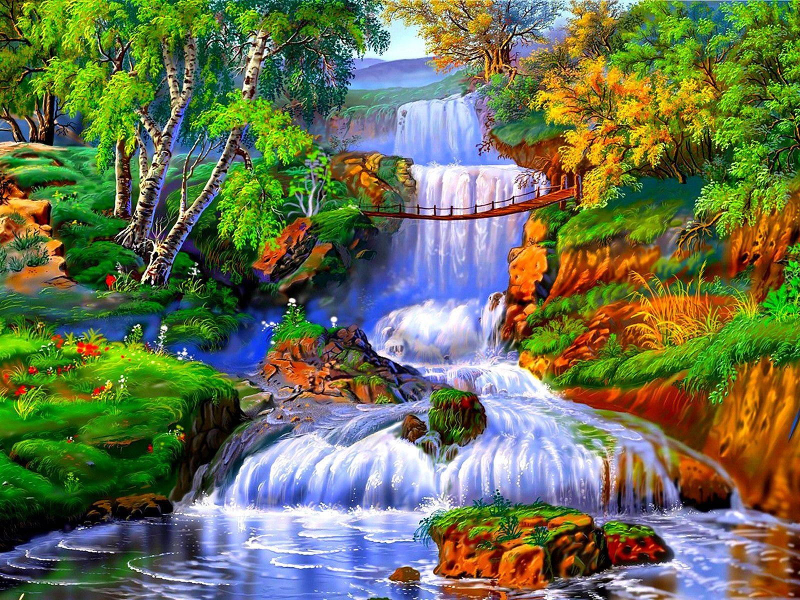 Colorful Forest Beautiful Waterfall