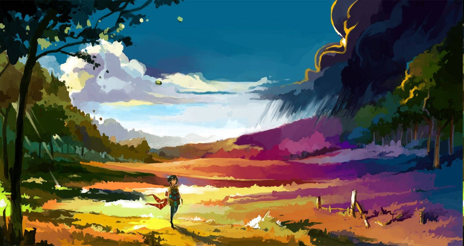 Colorful Grassland Anime Landscape Background