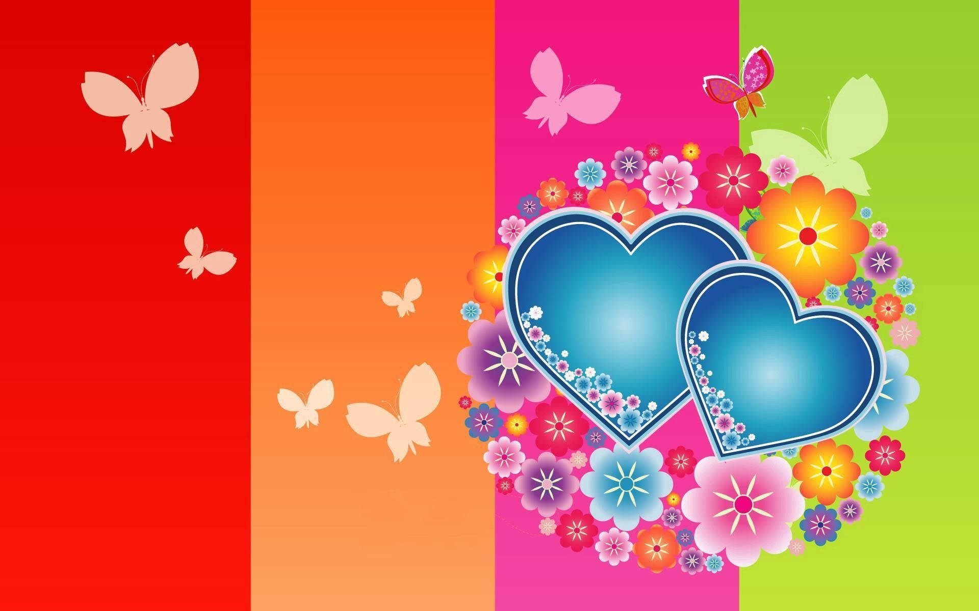 Colorful Hearts, Flowers, And Butterflies Background
