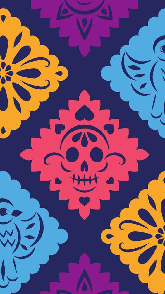 Colorful Hispanic Pattern With Skull Background