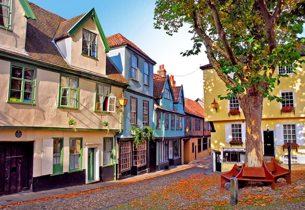 Colorful Houses At Elm Hill, Norfolk, England Background