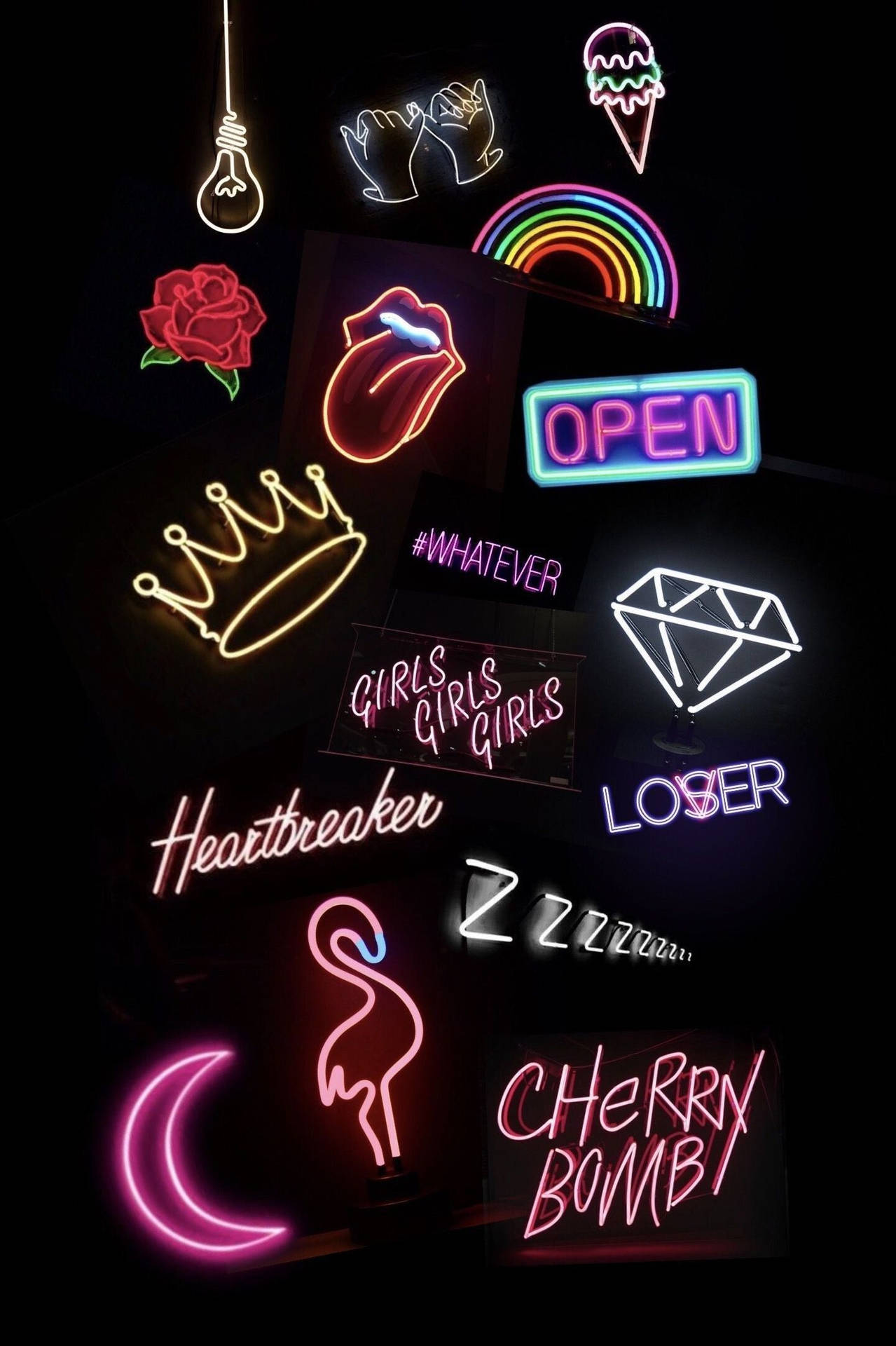 Colorful Icons And Signs Black Neon Aesthetic Background