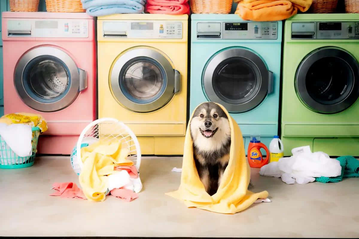 Colorful Laundromat Dog Helping With Laundry Background