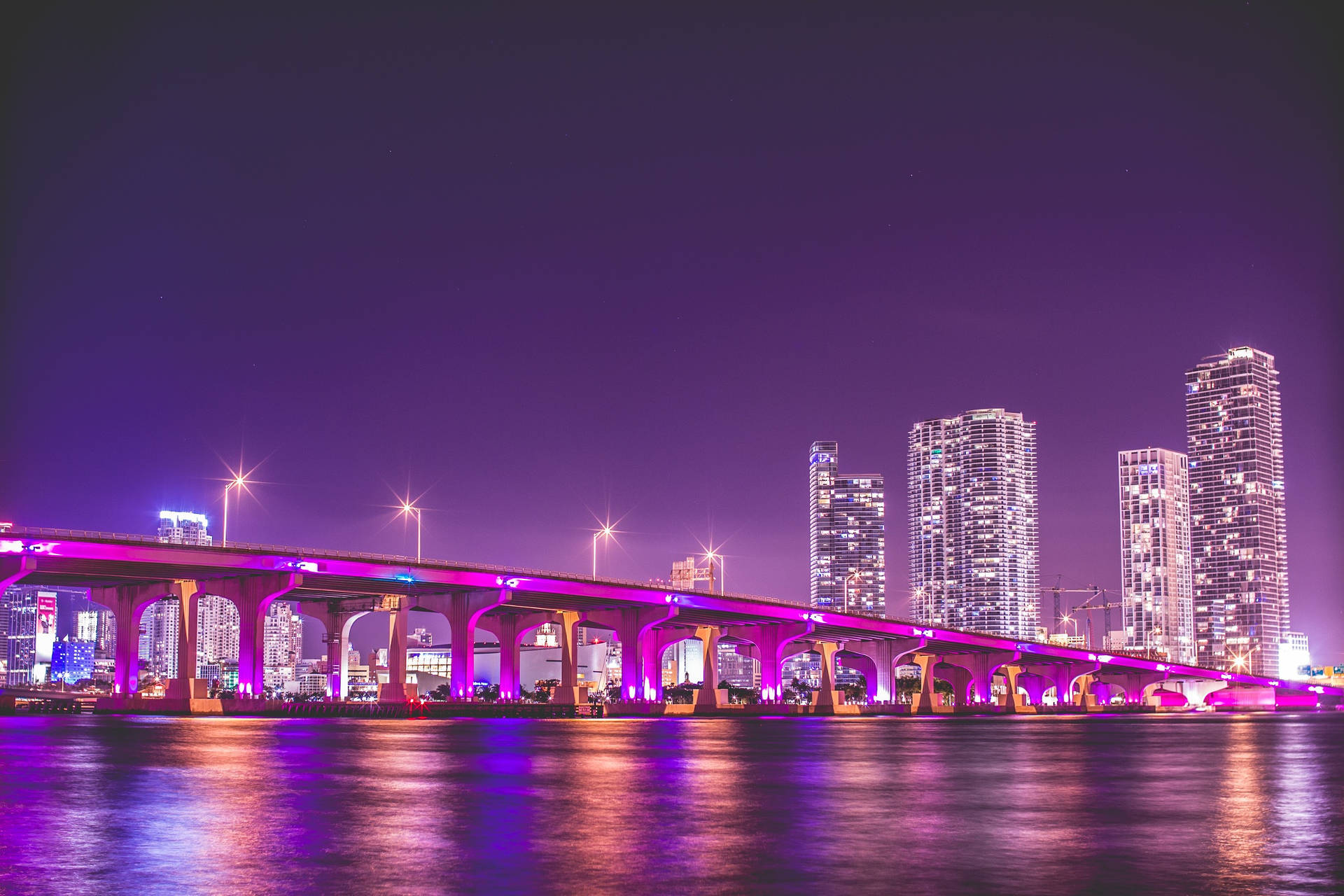 Colorful Miami Bridge At Night Background