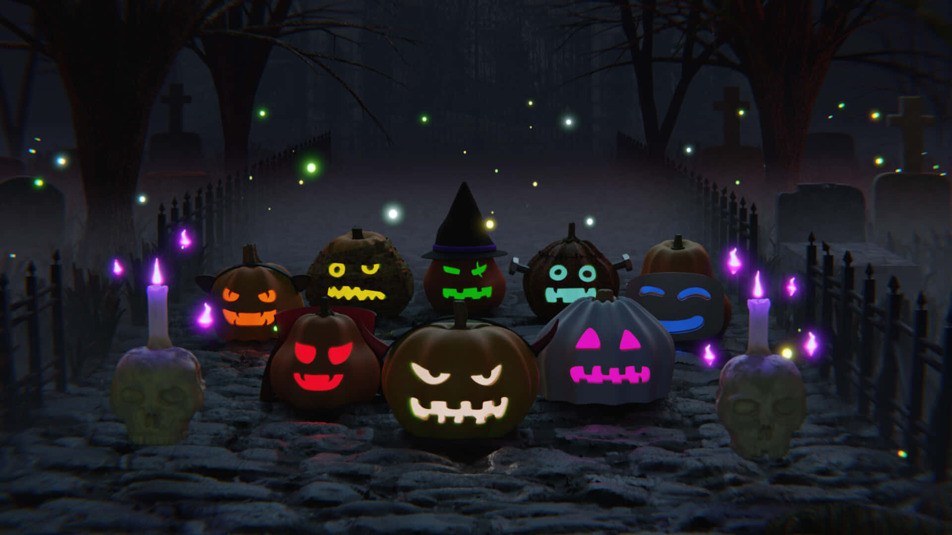 Colorful Neon Halloween Jack-o-lanterns Background