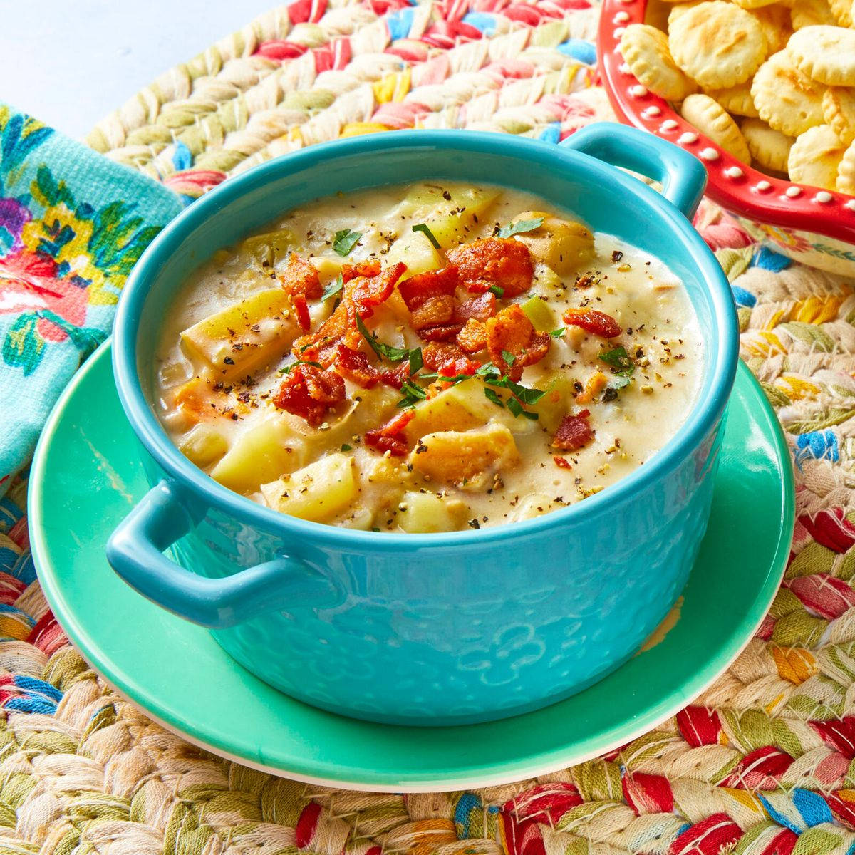 Colorful New England Clam Chowder In A Pot Background