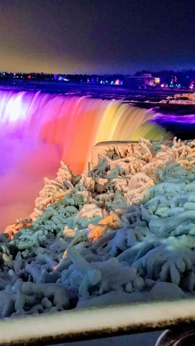 Colorful Niagara Falls Canada At Winter Night