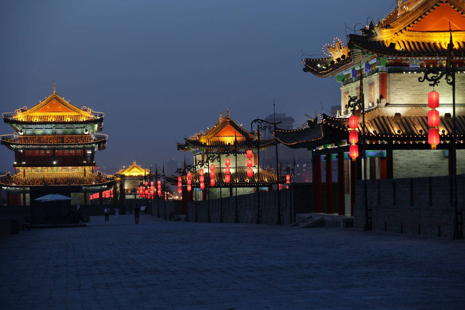 Colorful Night In Xian City Wall Background