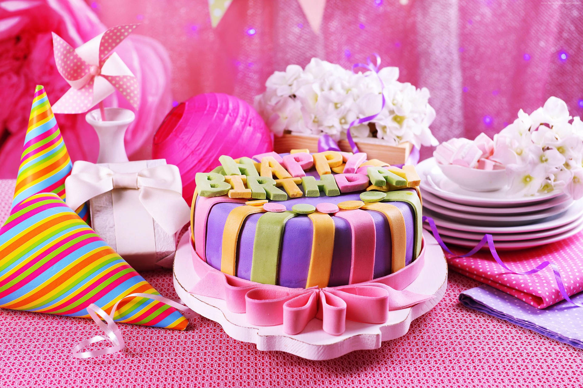 Colorful Party Cake Happy Birthday Flower Background
