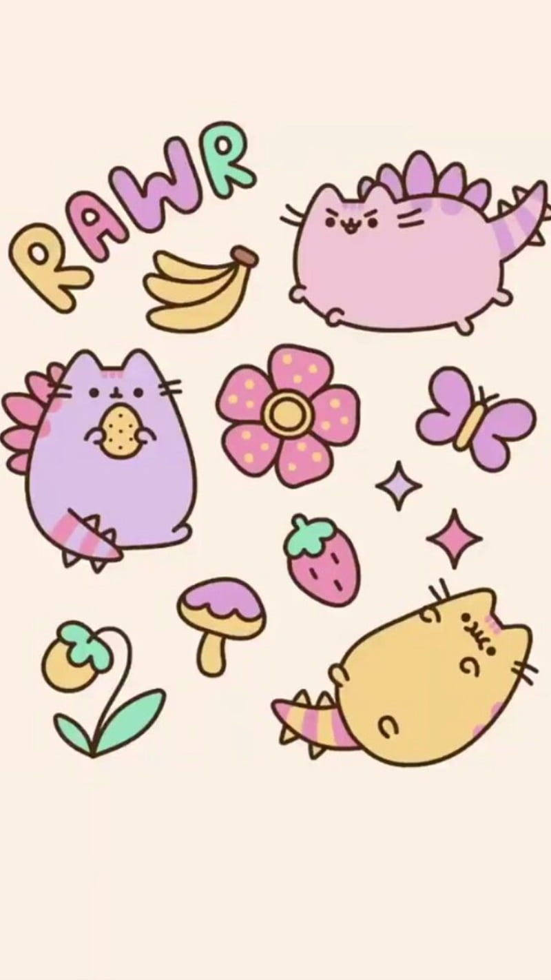 Colorful Pusheen Dino Kawaii Iphone Background