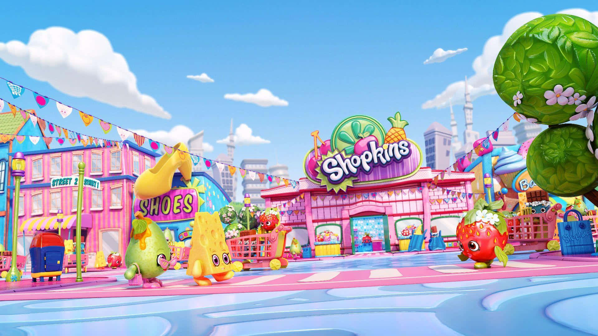 Colorful Shopkins Cartoon Town Background