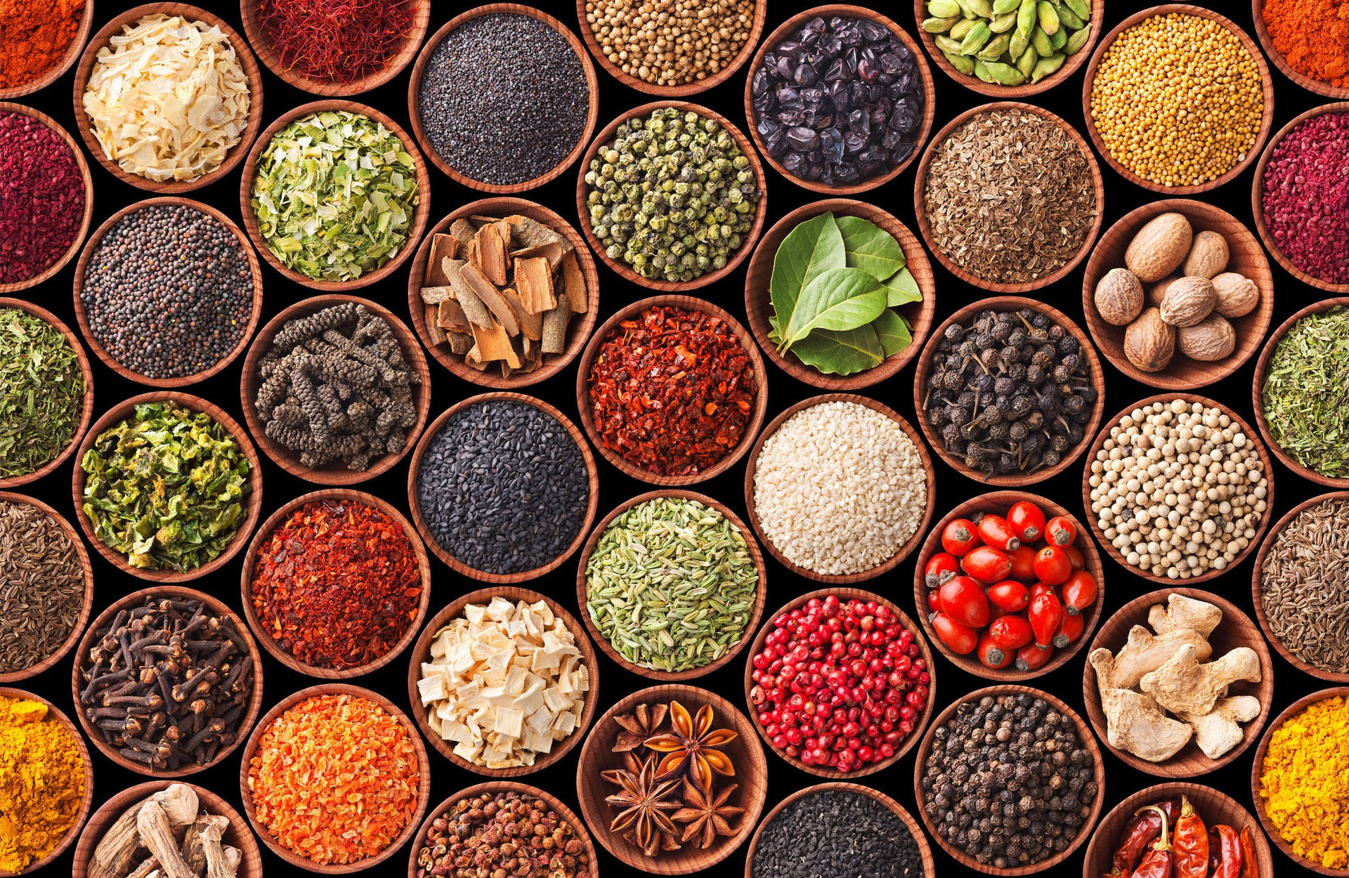 Colorful Spectrum Of Spices And Herbs In Bowls